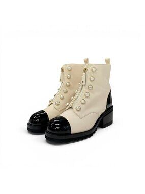 Chanel Boots Short Shoes Leather Patent Ivory Black CC Logo Pearl Bicolor